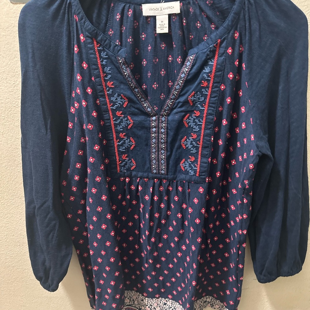 Vintage America Dark Blue Embroidered Blouse - Picture 2 of 4